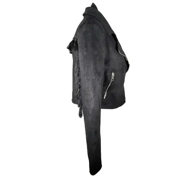 Vera & Lucy Tassel Faux Suede Black Moto Wing Collar Jacket Coat  Size M - Picture 3 of 13
